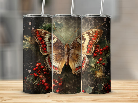 Three tumblers with a detailed butterfly and berry branch design.