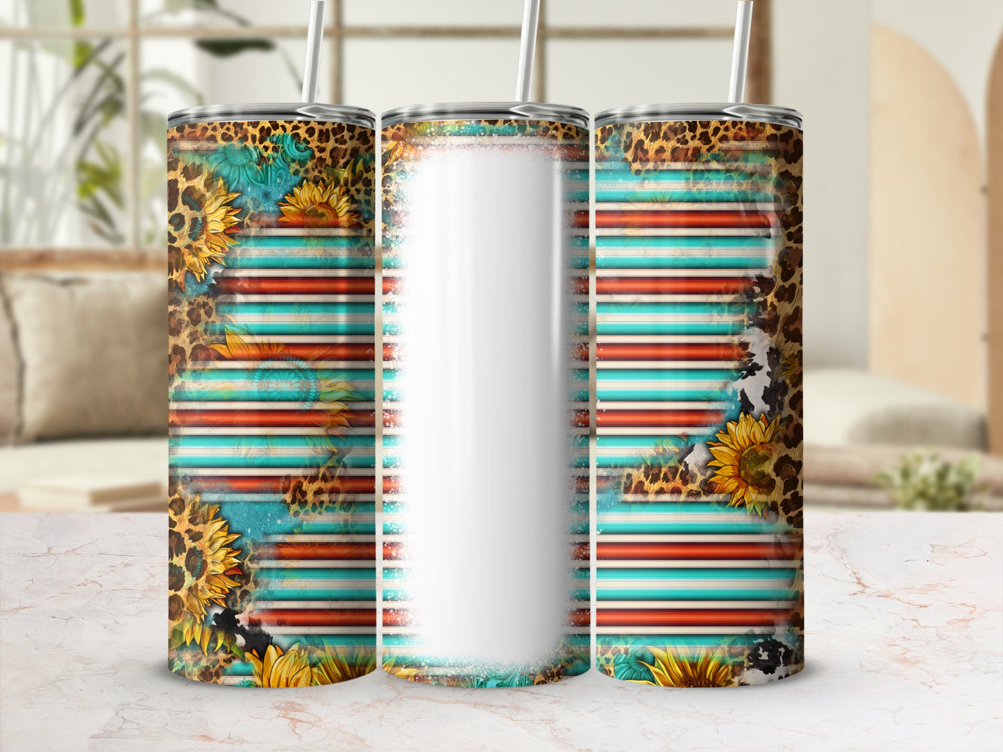 Sunflower and leopard print tumbler with teal and orange striped pattern.