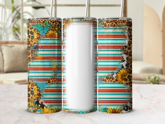 Sunflower and leopard print tumbler with teal and orange striped pattern.