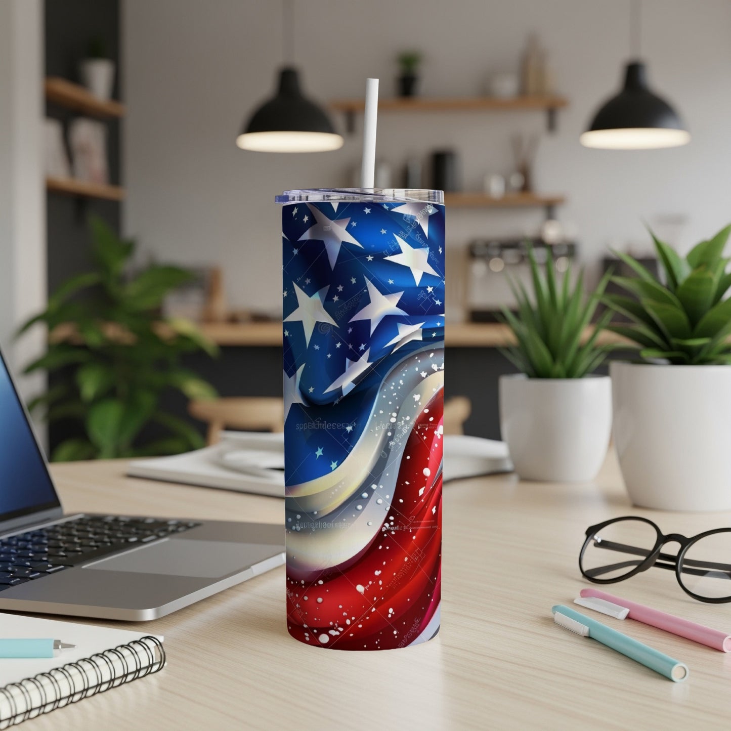 Tumbler with American flag design and stars.