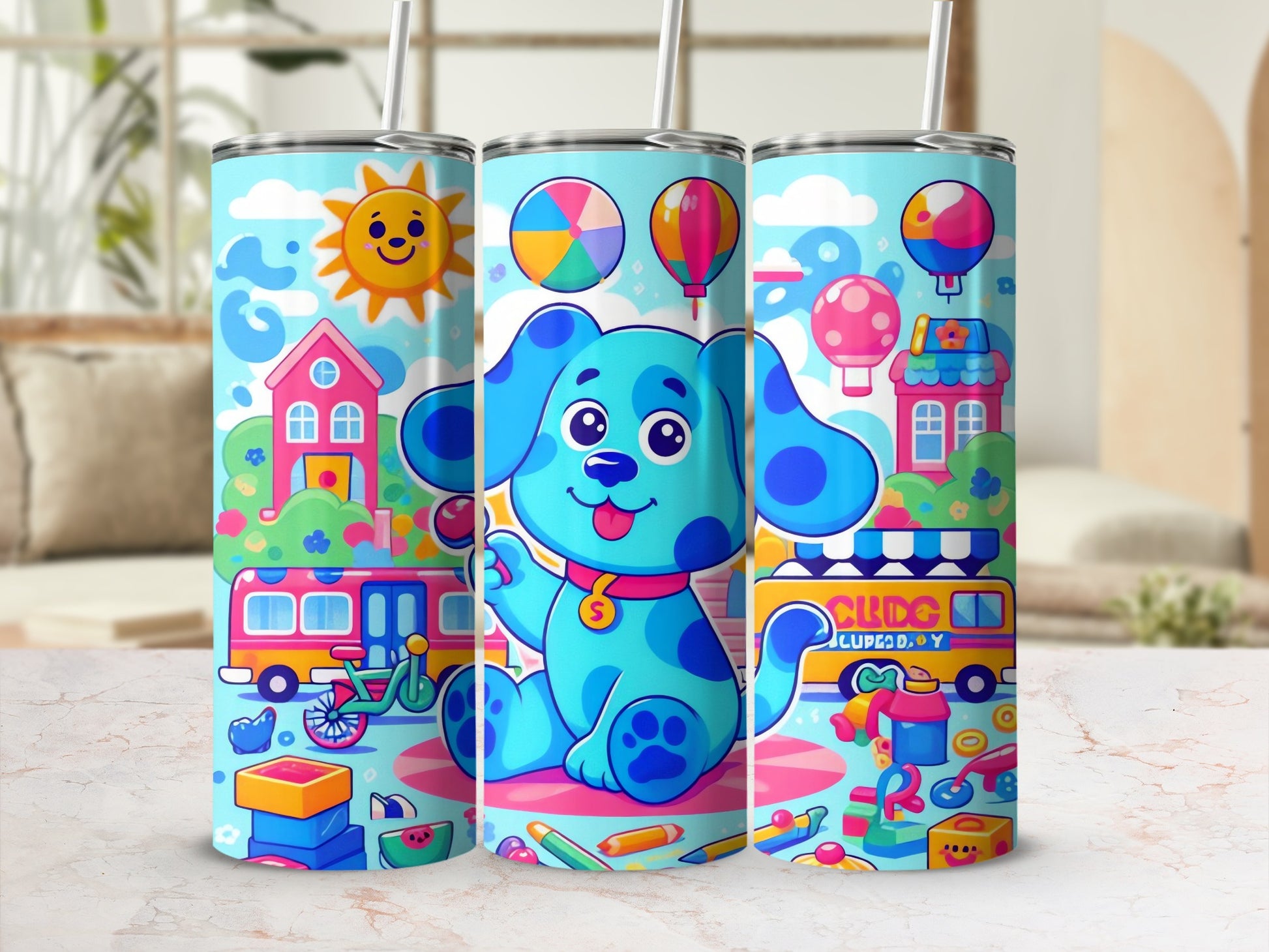 Colorful Cartoon Dog Playhouse and Bus Design Tumbler