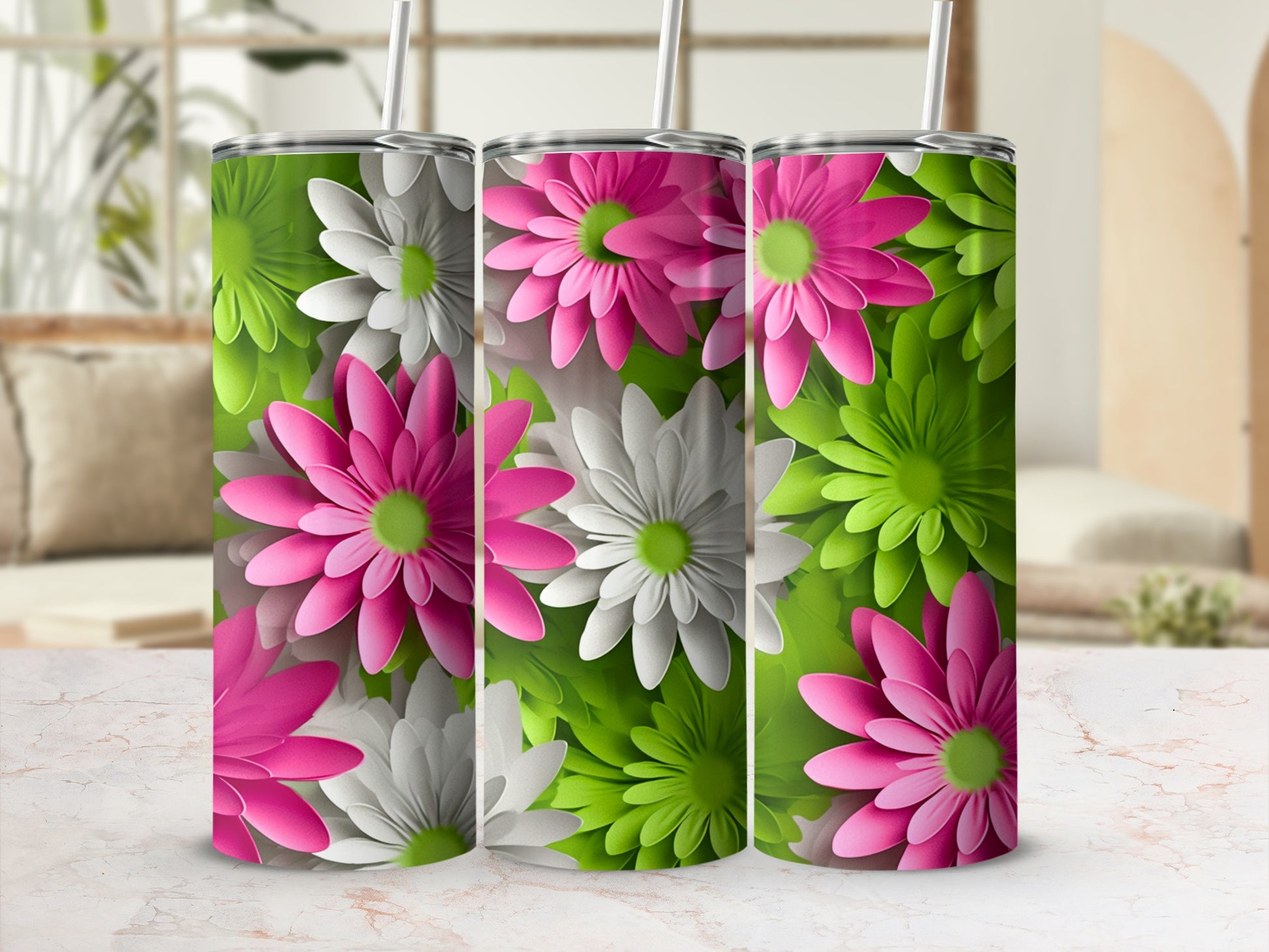 Colorful Floral Design Insulated Tumbler with Straw