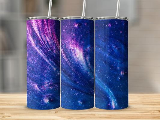 Three tumblers with cosmic purple and blue glitter patterns.