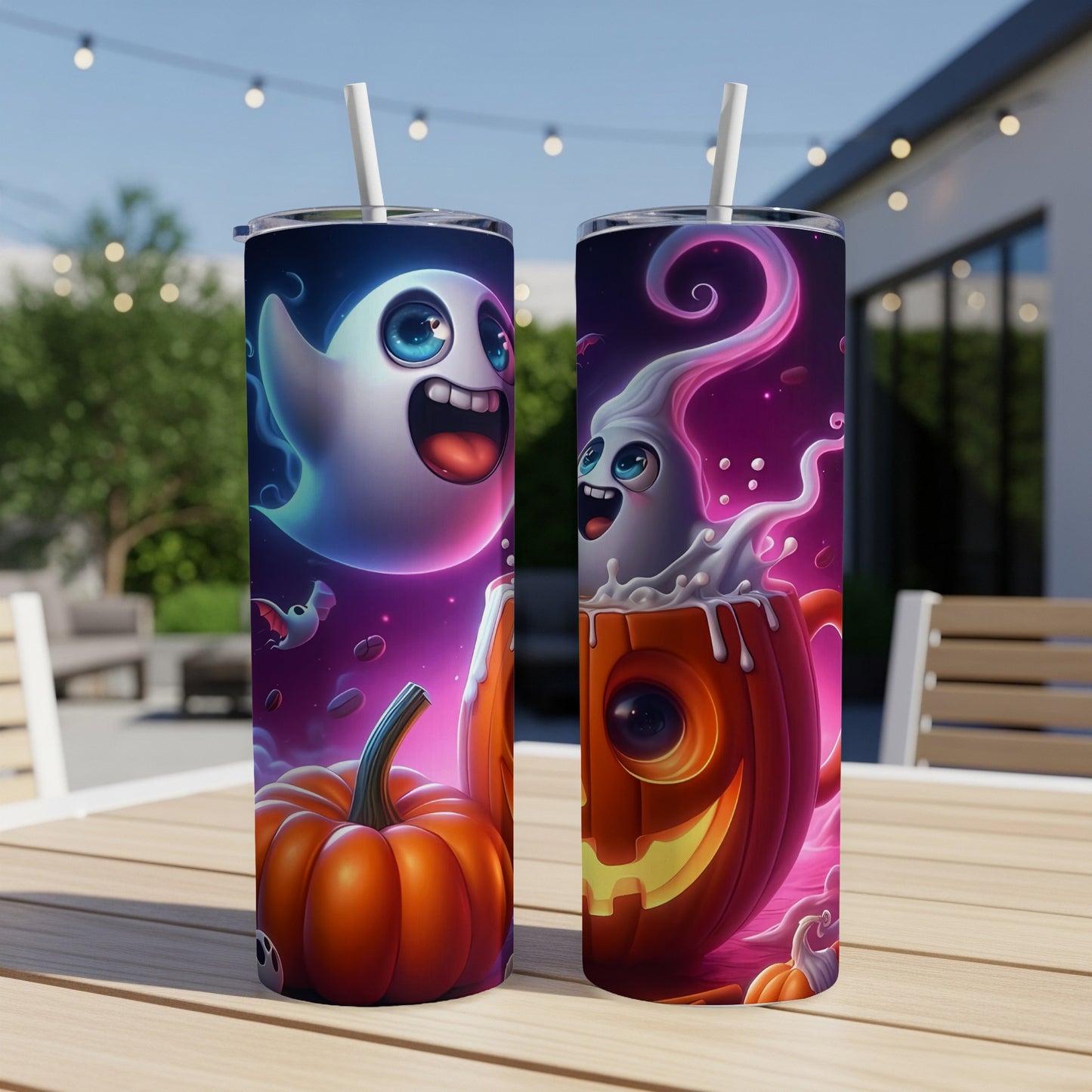 Two tumblers featuring cartoon ghosts and pumpkins against a purple, starry background.