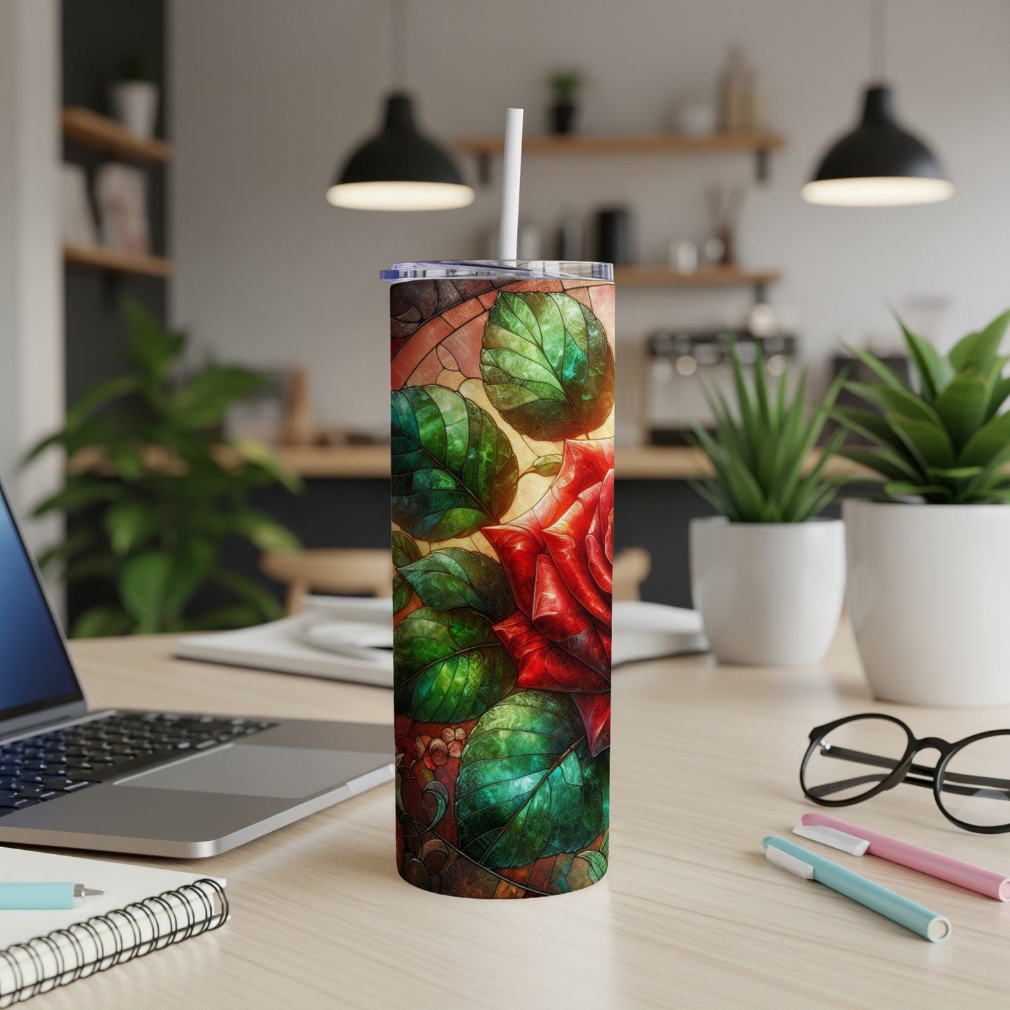 Tall tumbler with red rose and green leaves stained glass design.