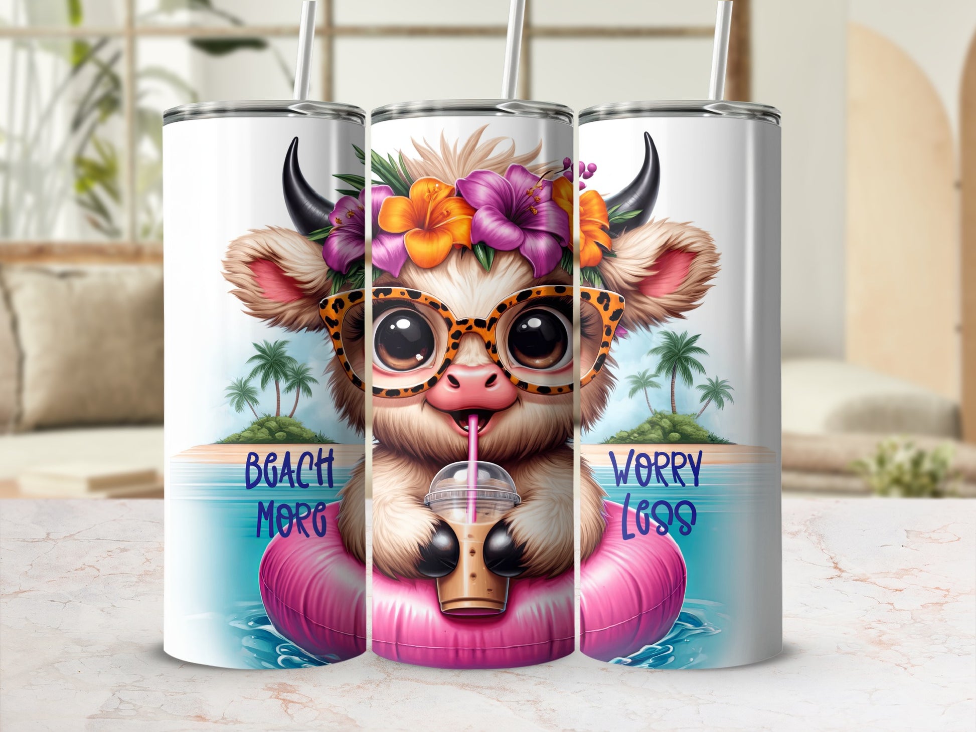 Cartoon cow with glasses and flowers floats on a pink inner tube.