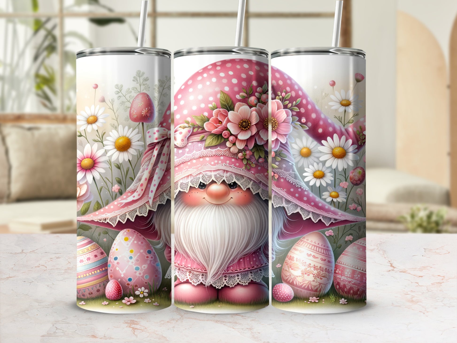 Three Easter gnomes with pink polka dot hats and floral accents.