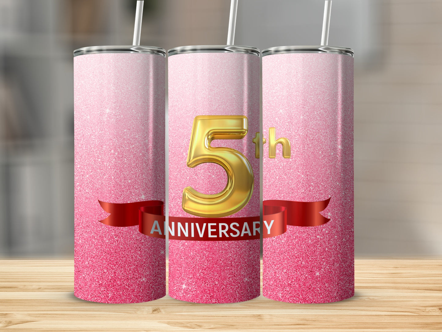 Glittery pink tumbler with "5th Anniversary" text and a gold number 5.