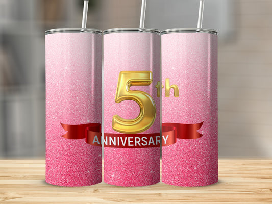 Glittery pink tumbler with "5th Anniversary" text and a gold number 5.