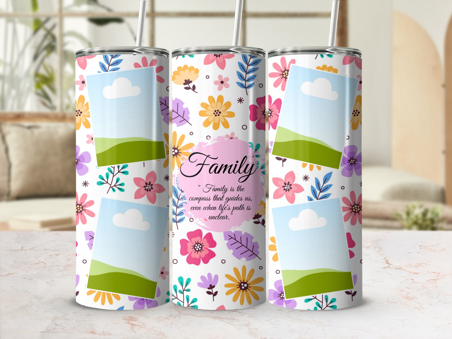 Three tumblers with floral pattern and photo placeholders, featuring the word "Family."
