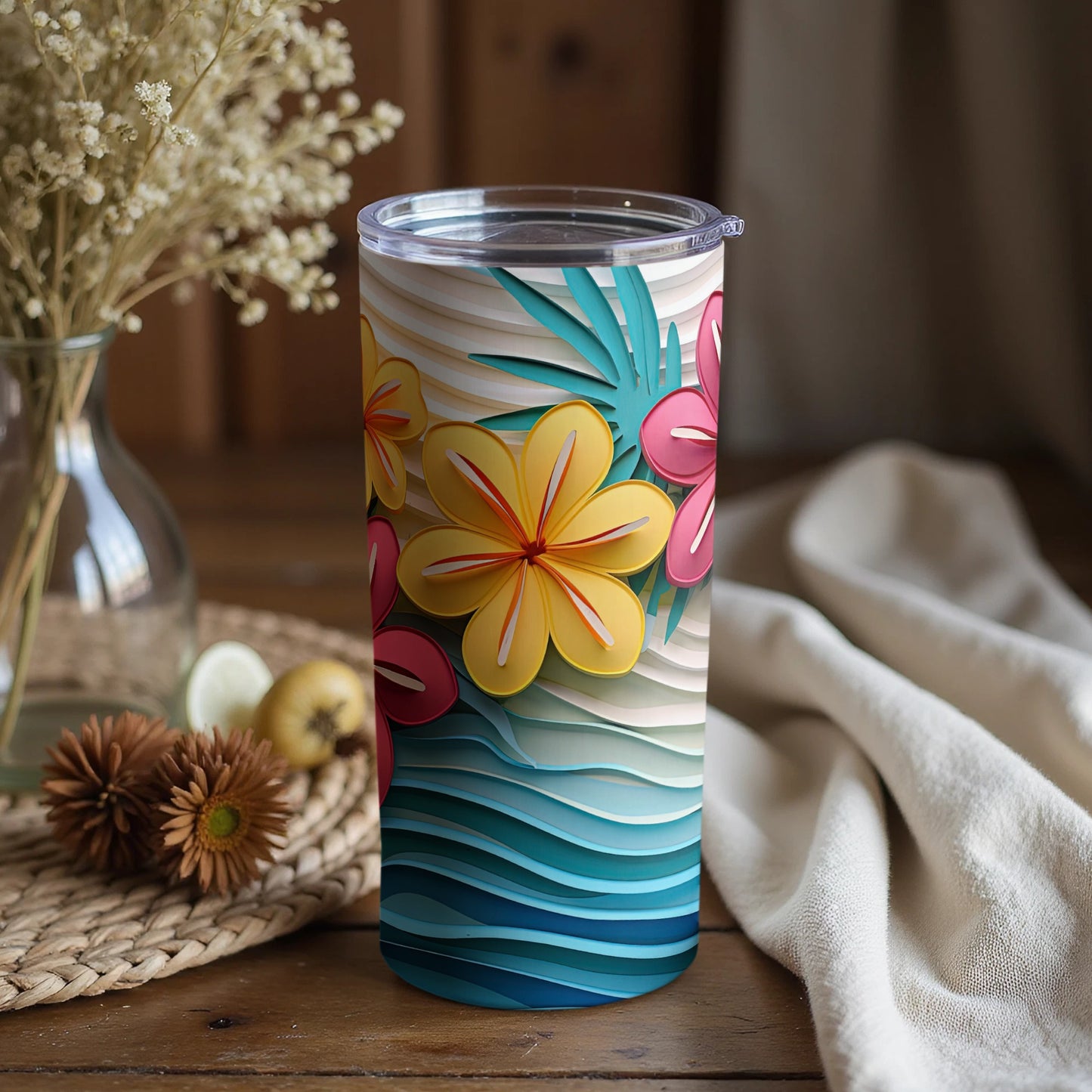 Vibrant Floral Design on Tumbler With Ocean Waves Design