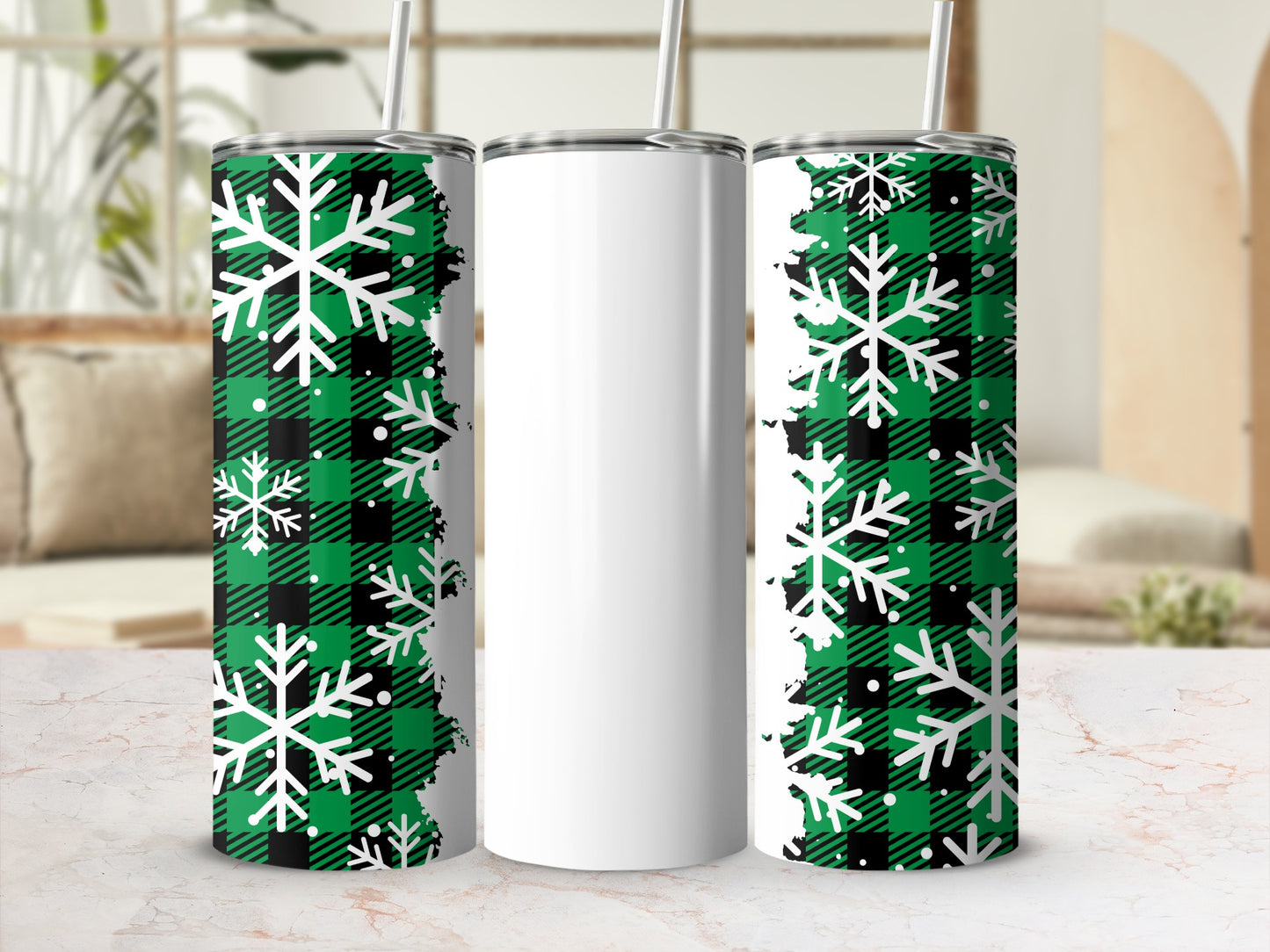 Green Plaid Snowflakes Tumbler with Straw Insulated Cup