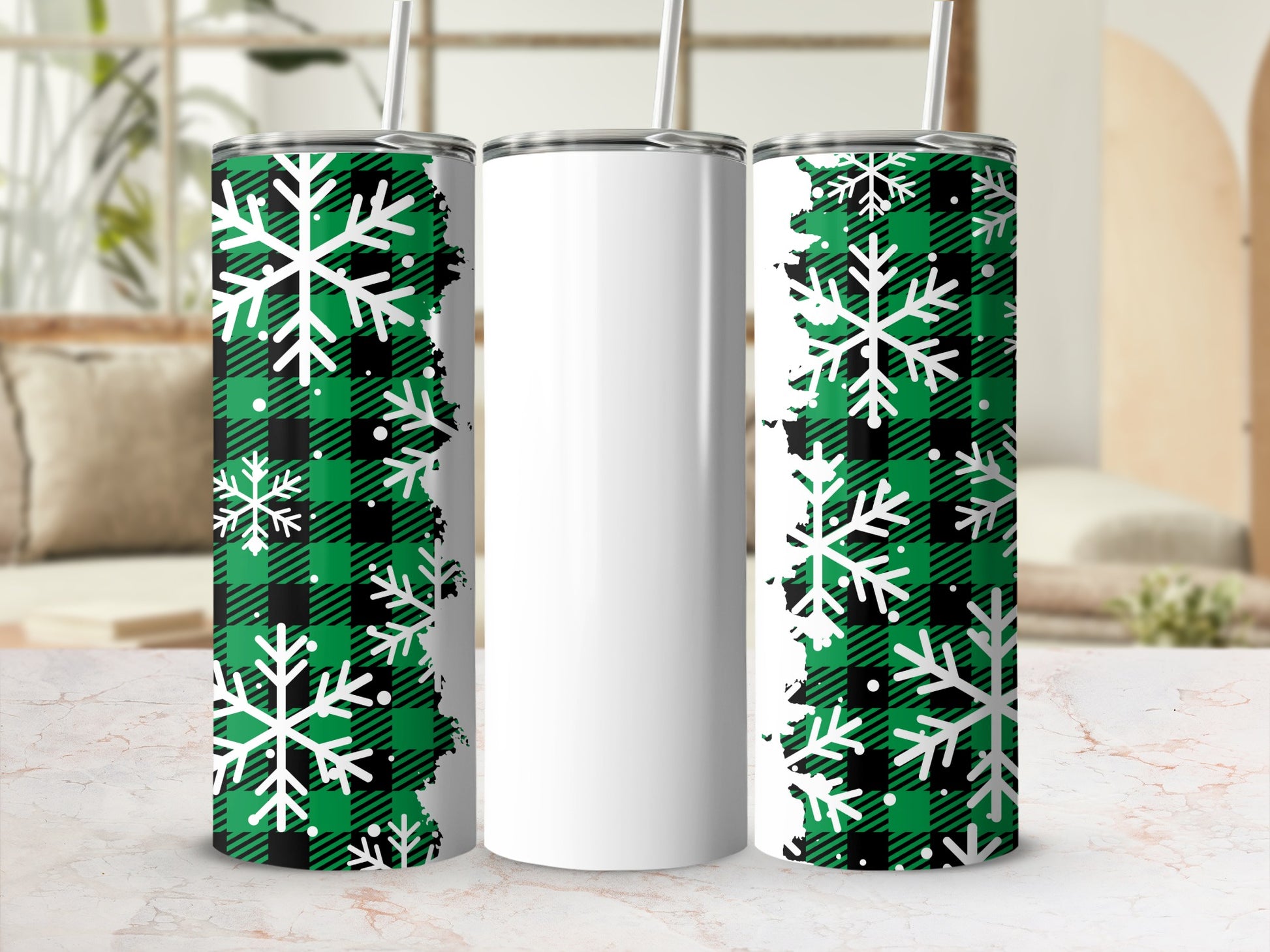 Green Plaid Snowflakes Tumbler with Straw Insulated Cup