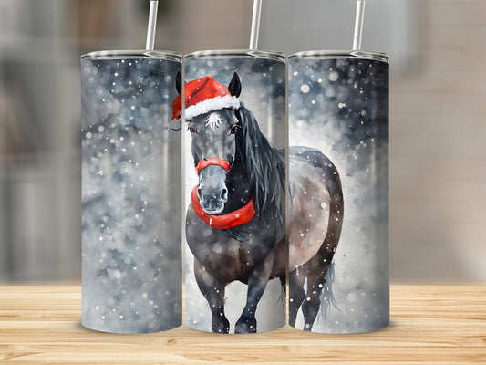 Triptych of a dark horse wearing a Santa hat and red scarf against a snowy background.