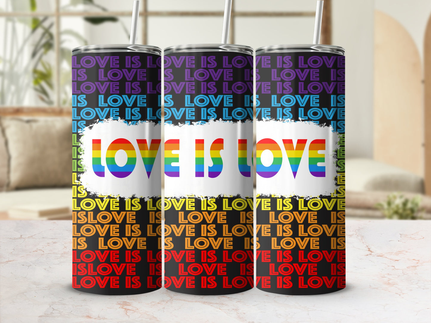 Tumbler with "LOVE IS LOVE" text in rainbow colors and repeating text pattern.