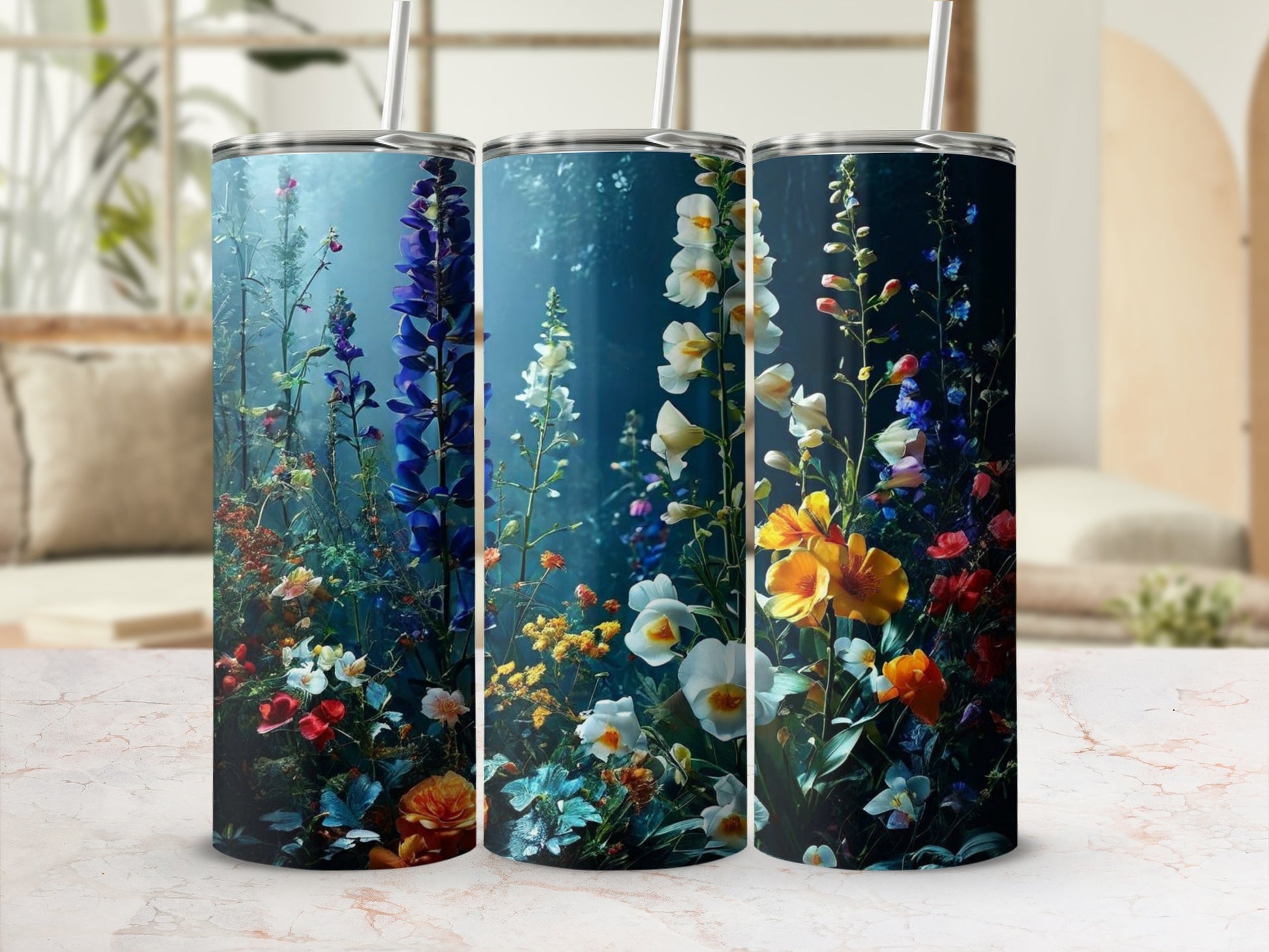 Floral pattern tumbler with blue, yellow, and orange wildflowers.