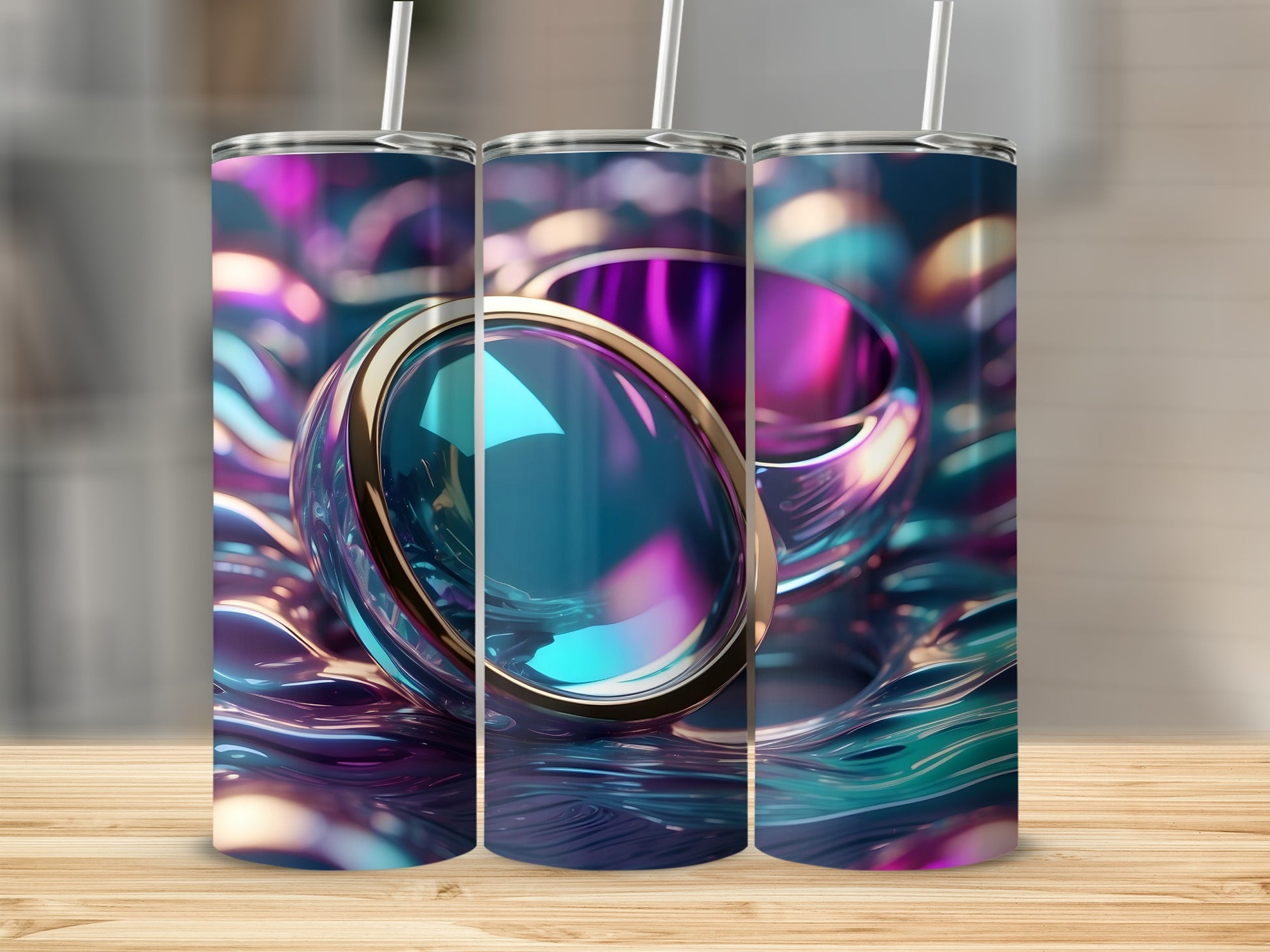 Three tumblers with a colorful, abstract, wavy design and a prominent gold ring.