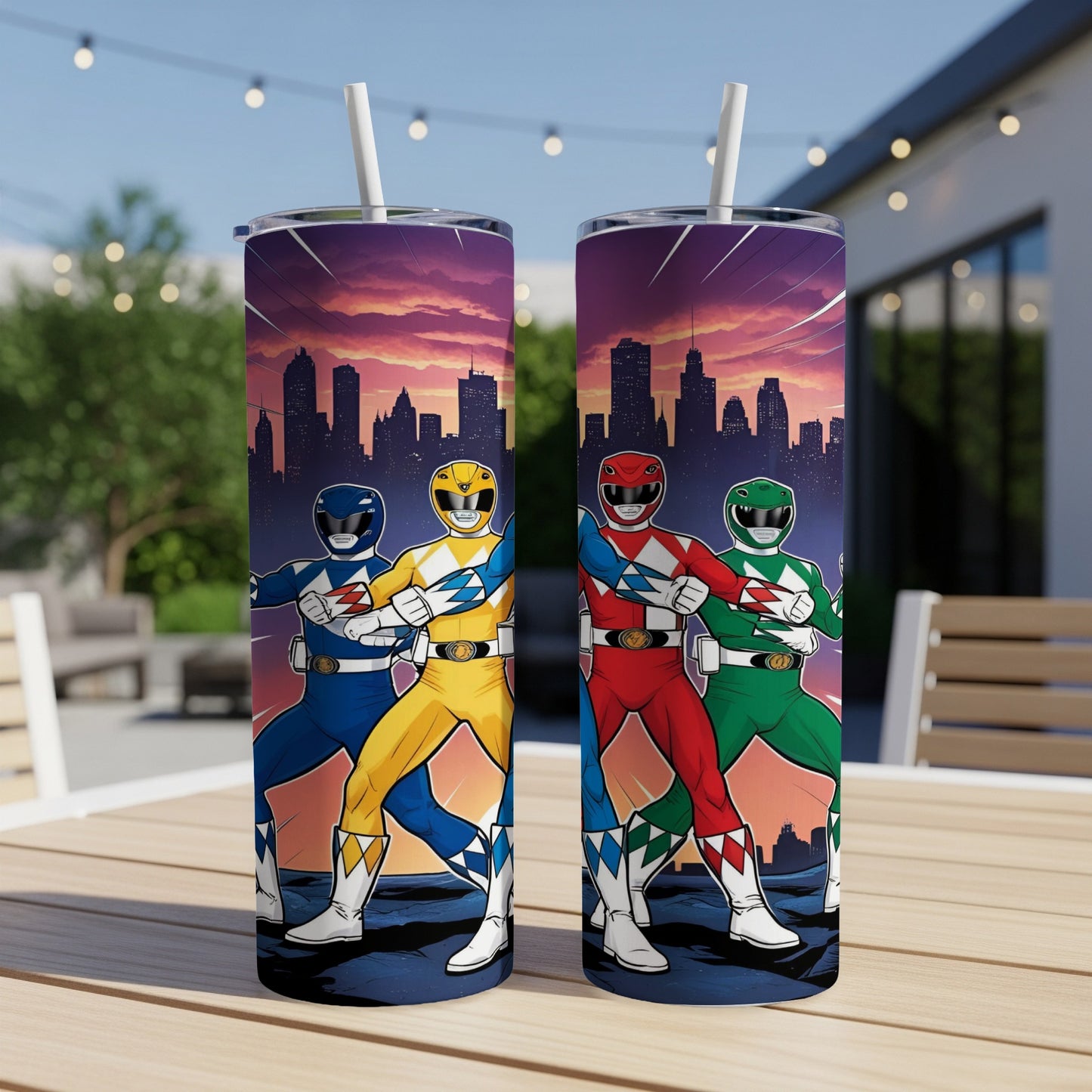 Two Power Rangers tumblers with city skyline background.