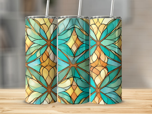 Three tumblers with stained-glass-style geometric pattern in teal, orange, and yellow.