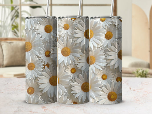 Three tall, white tumblers covered in a daisy floral pattern.