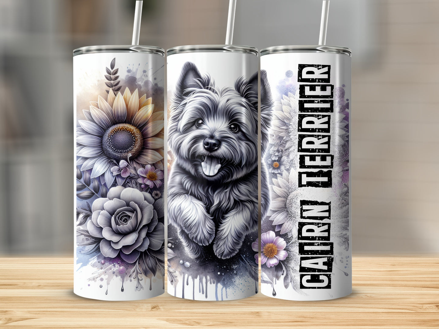 Cairn Terrier and sunflowers on a white tumbler with straw.