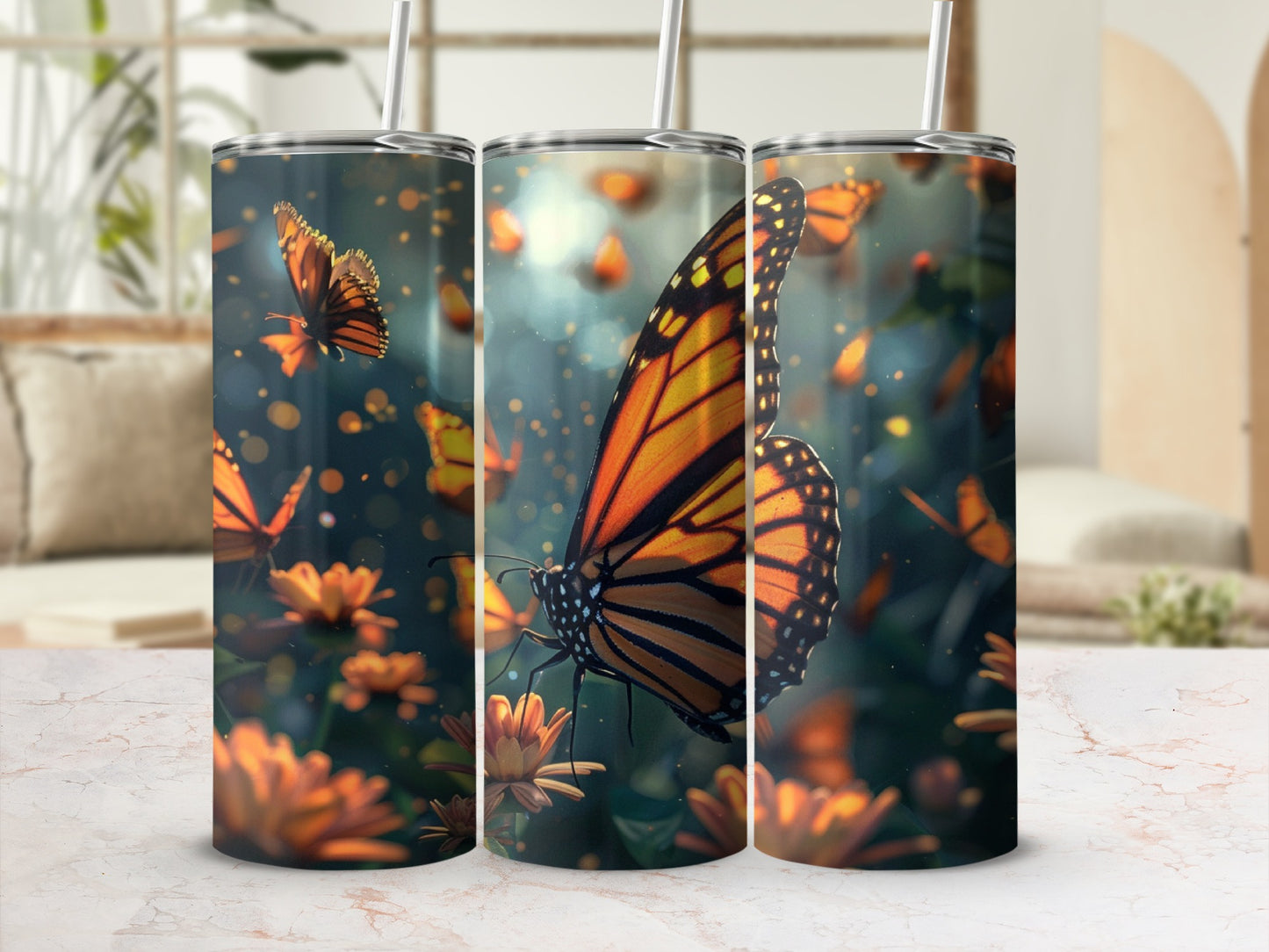 Monarch butterflies and orange flowers on a tumbler design.