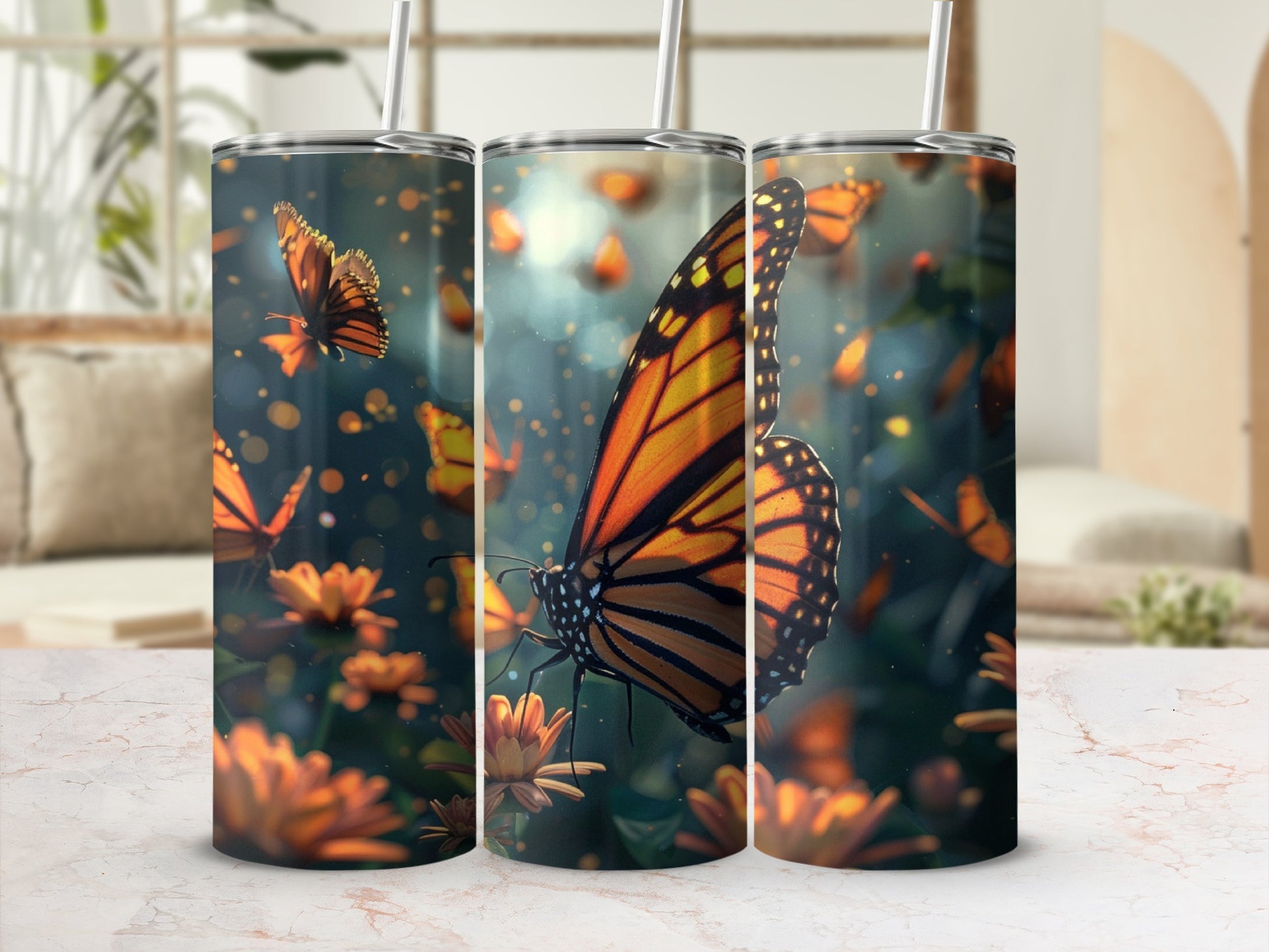 Monarch butterflies and orange flowers on a tumbler design.