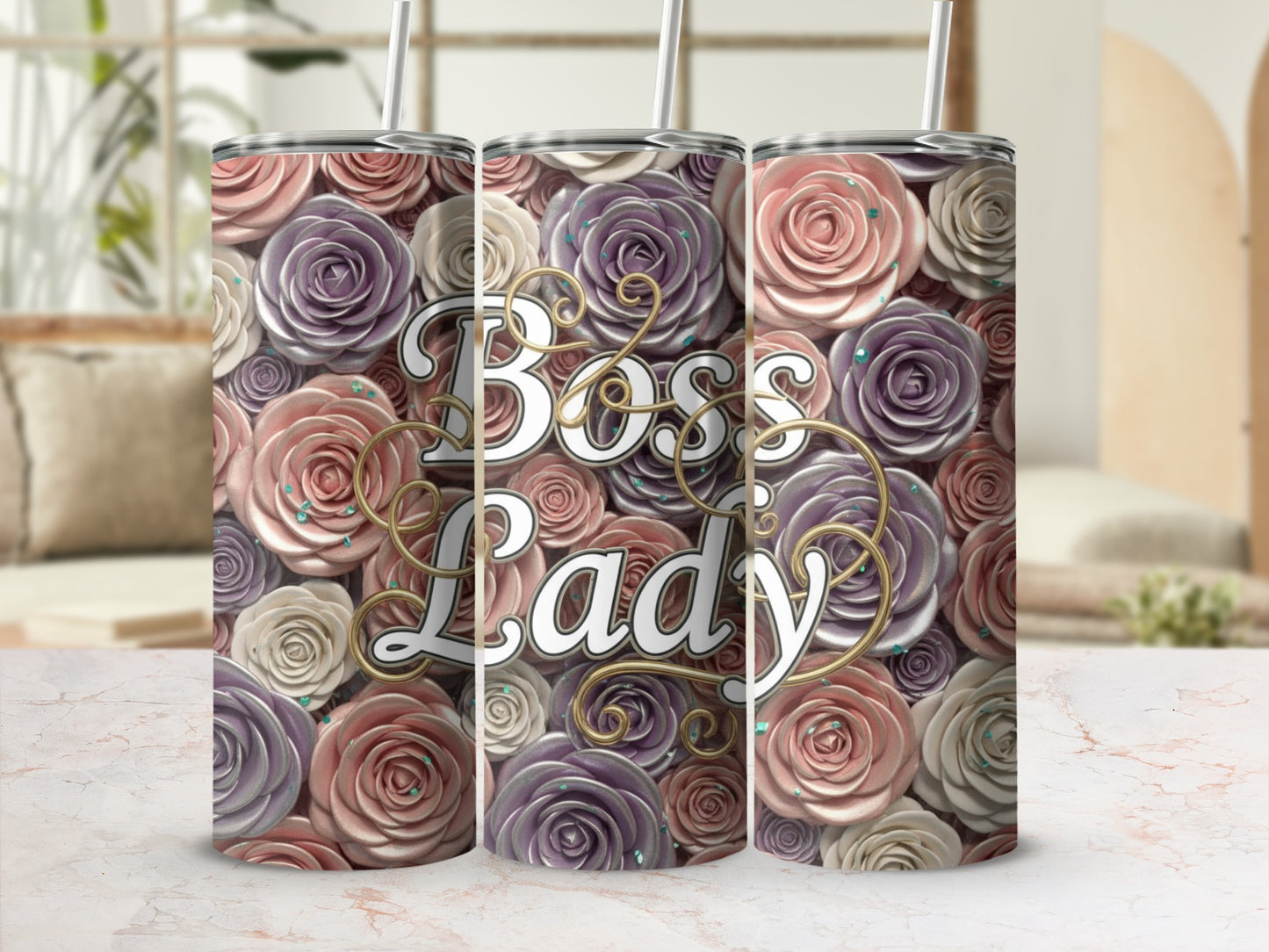 Boss Lady Floral Design Travel Tumbler with Straw
