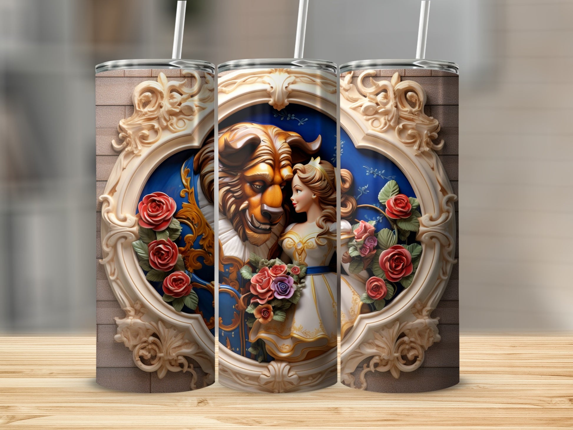 Beauty and Beast Themed Tumbler with Roses Design