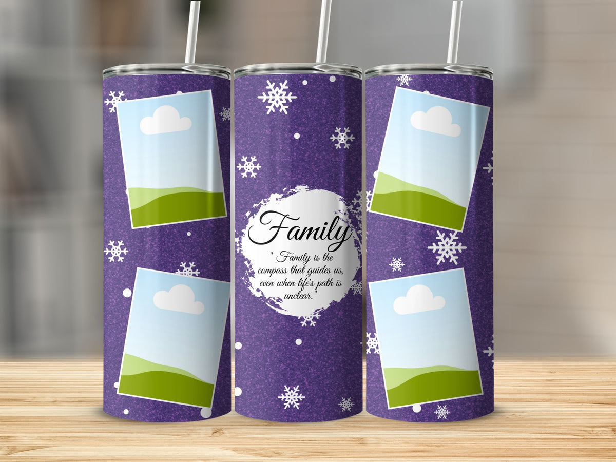 Purple tumbler with snowflakes, photo placeholders, and "Family" quote.