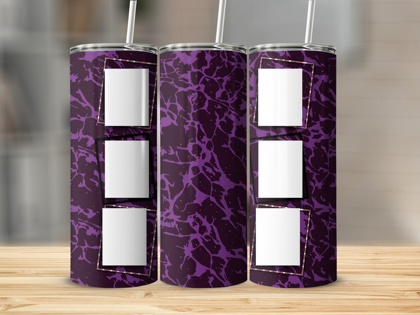 Three purple marble tumblers with square white photo frames.