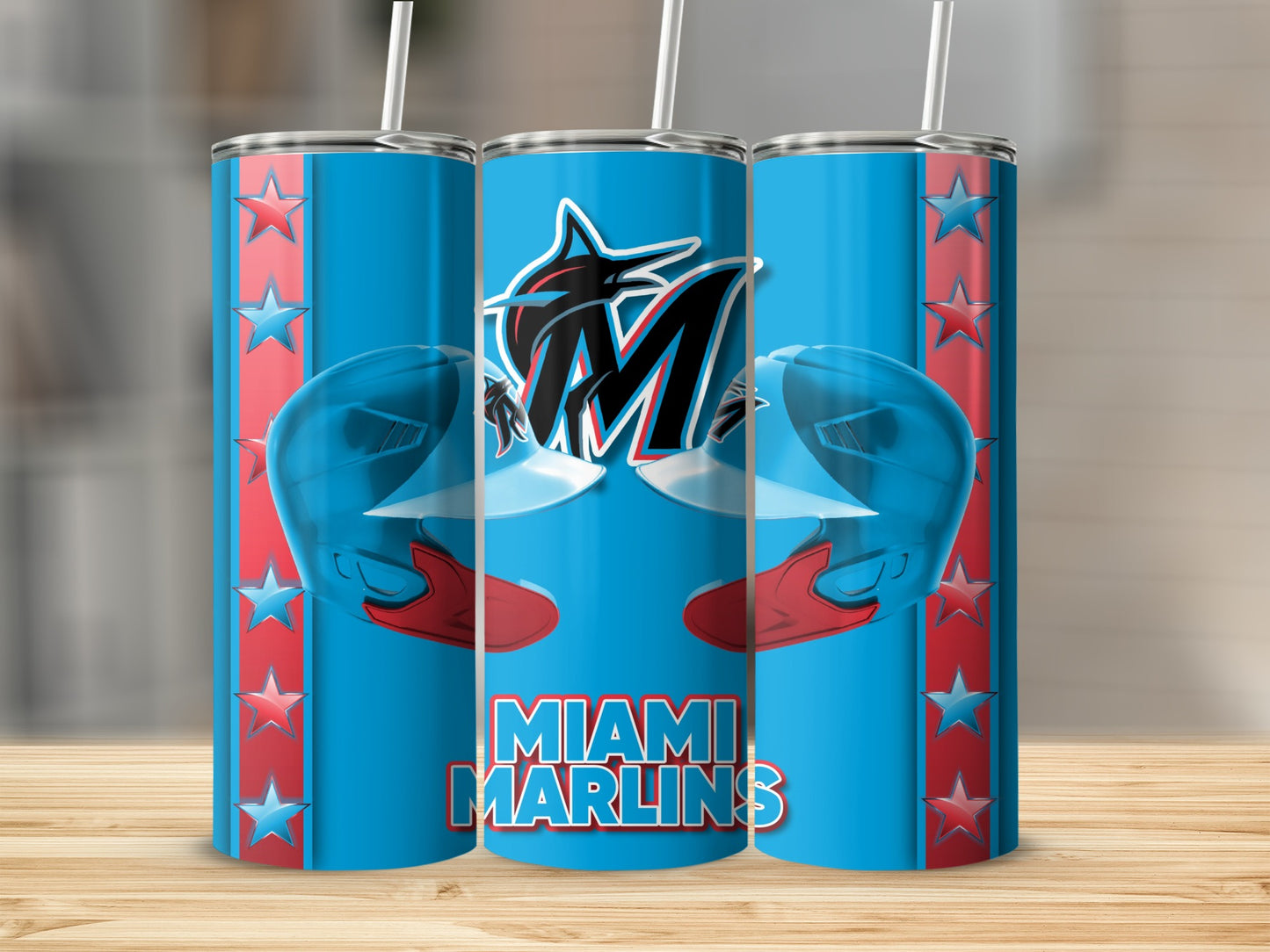 Miami Marlins Helmets Design On Blue Background Tumblers