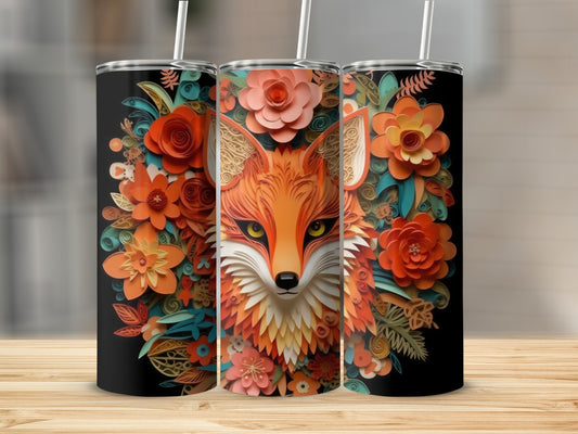 Close-up of a fox surrounded by colorful floral decorations on a black tumbler.