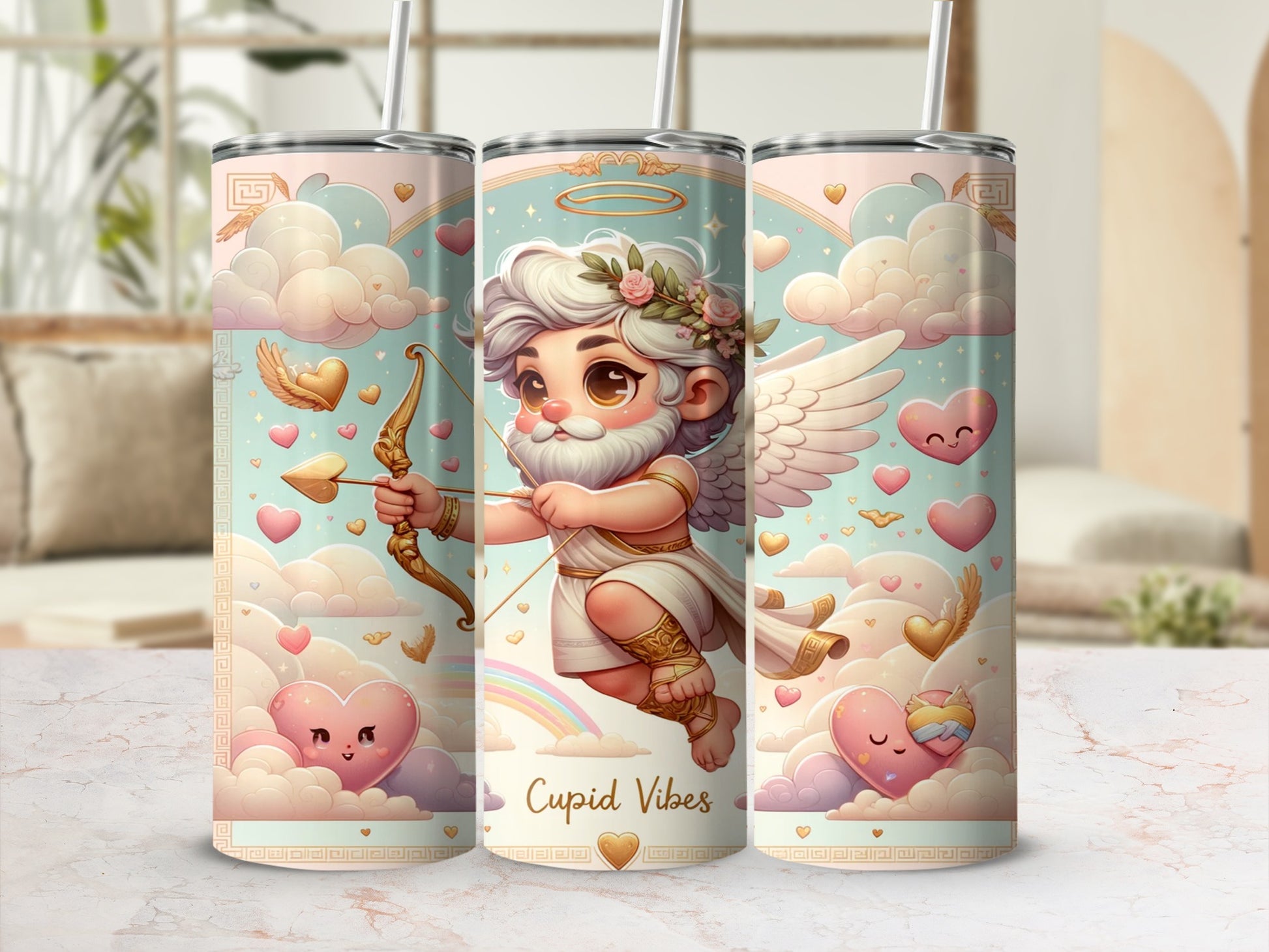 Cute Cupid Vibes Artwork Tumbler with Hearts and Clouds