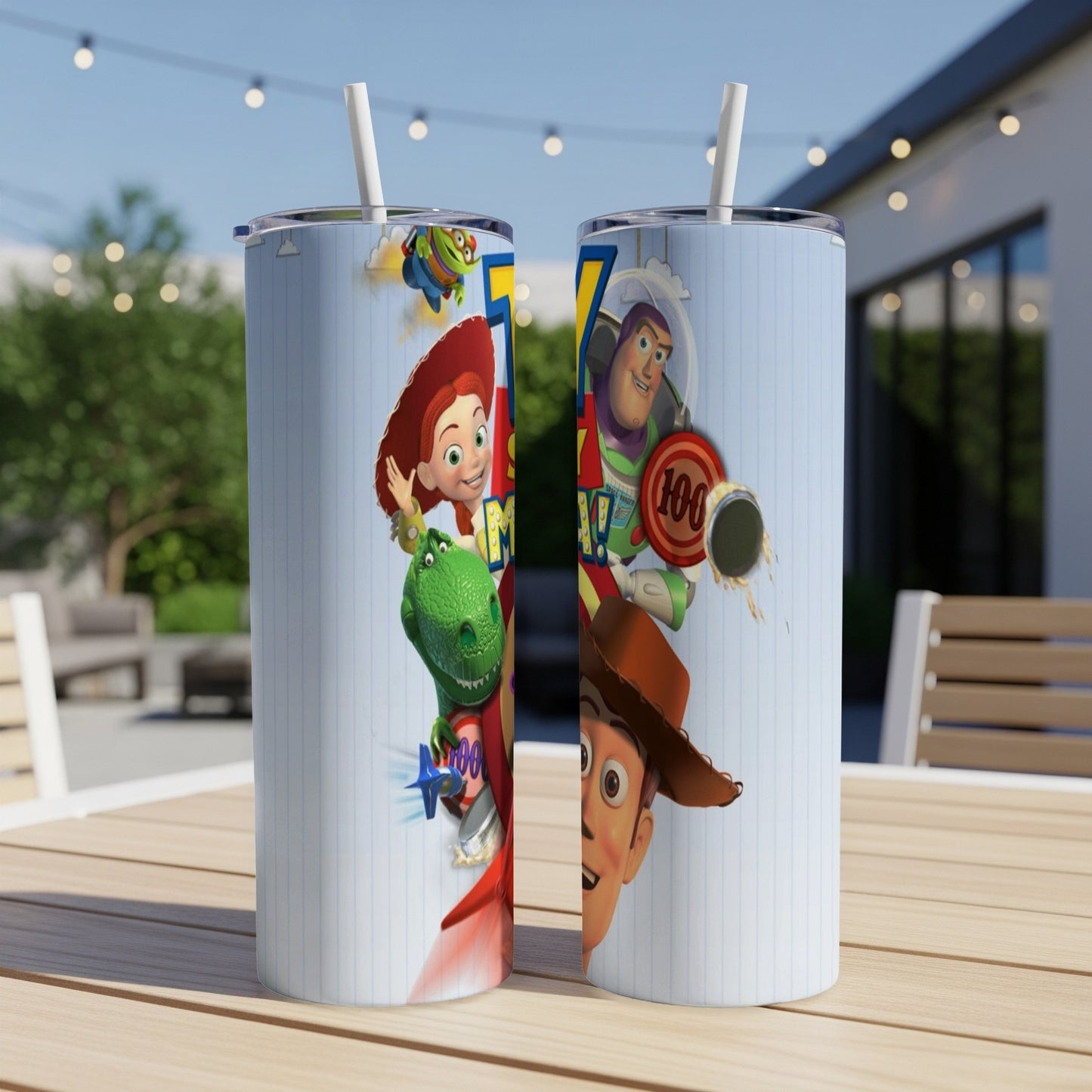 Toy Story characters Buzz Lightyear, Woody, and Rex on a double-sided tumbler.