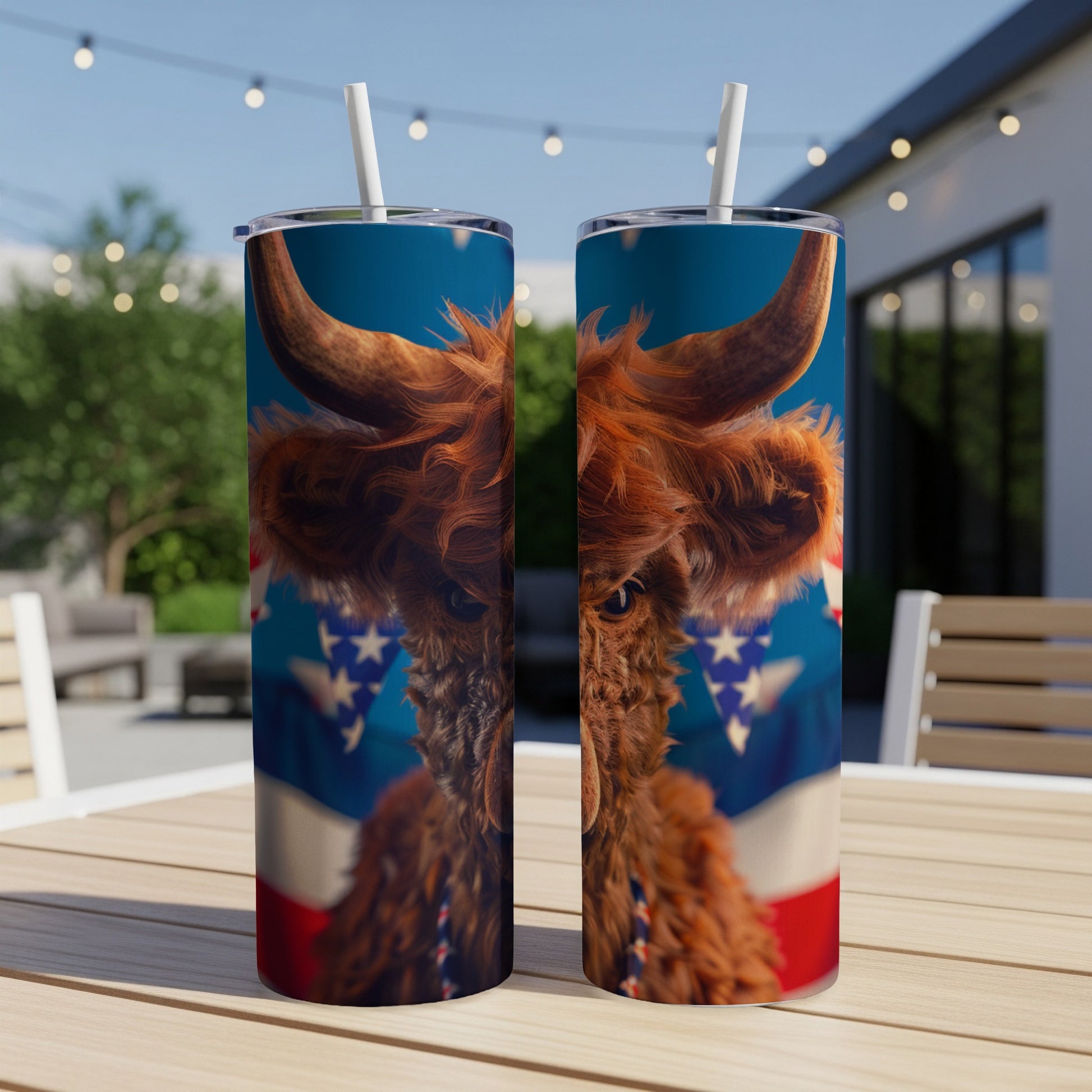 Highland cow with American flag bandana on patriotic themed tumbler.