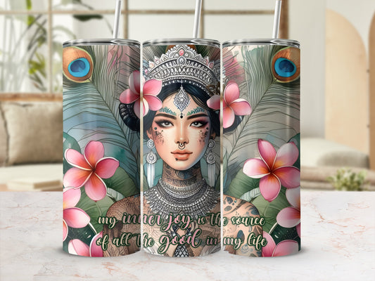 Triptych with a woman wearing a crown, peacock feathers, and flowers, featuring text.