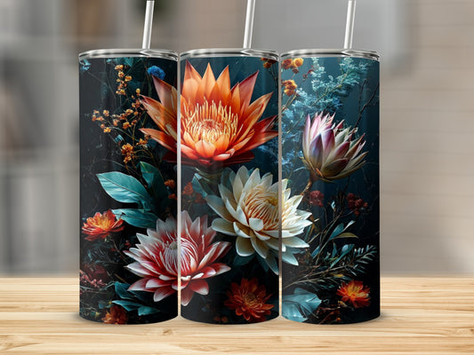 Three tall tumblers featuring vibrant floral designs on a dark background.