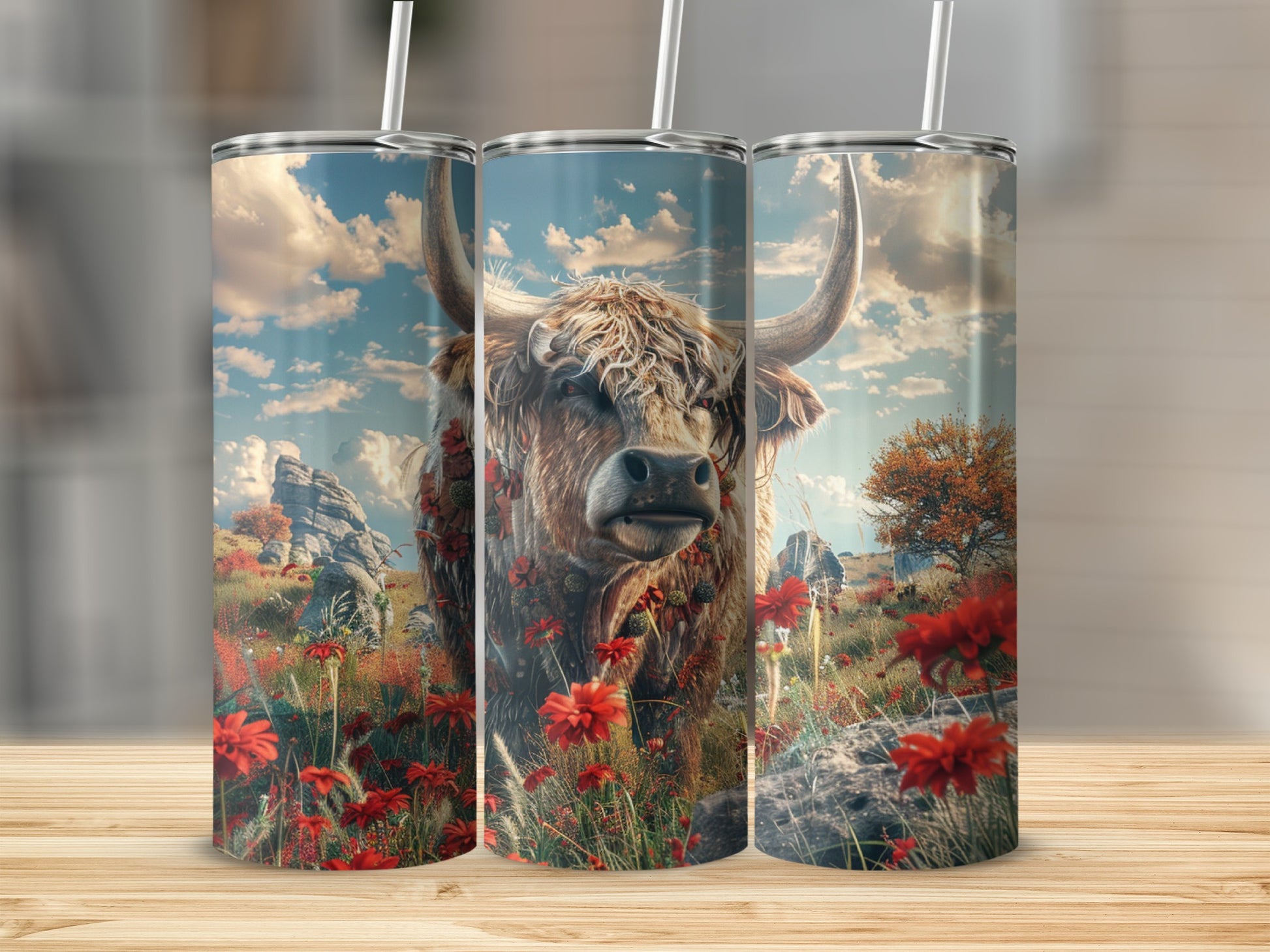 Highland cow with red flowers in a landscape.