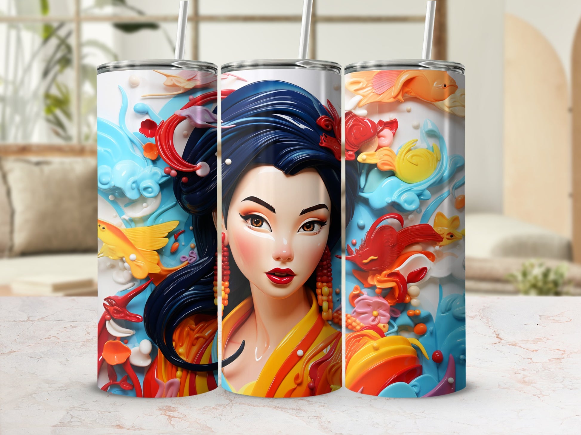 Colorful Artistic Woman and Fish Design Tumbler