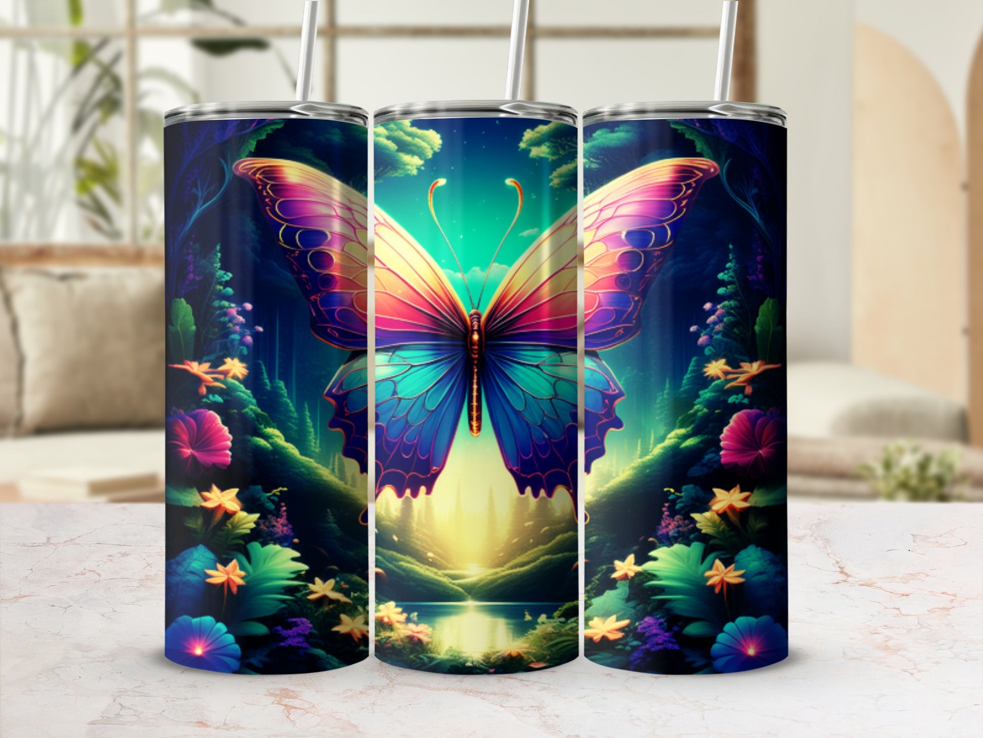 Colorful butterfly and floral landscape on a tapered tumbler.