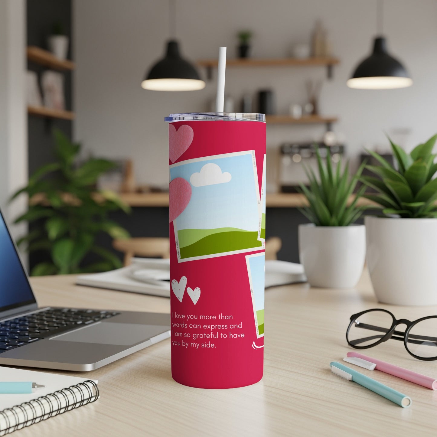 Red tumbler with hearts and text "I love you more than words can express"