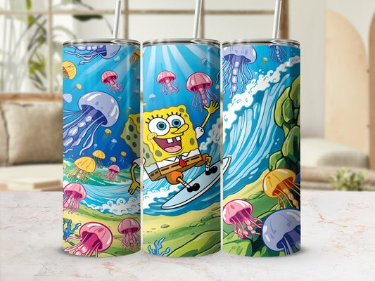 SpongeBob SquarePants surfing a wave with jellyfish and a beach background.