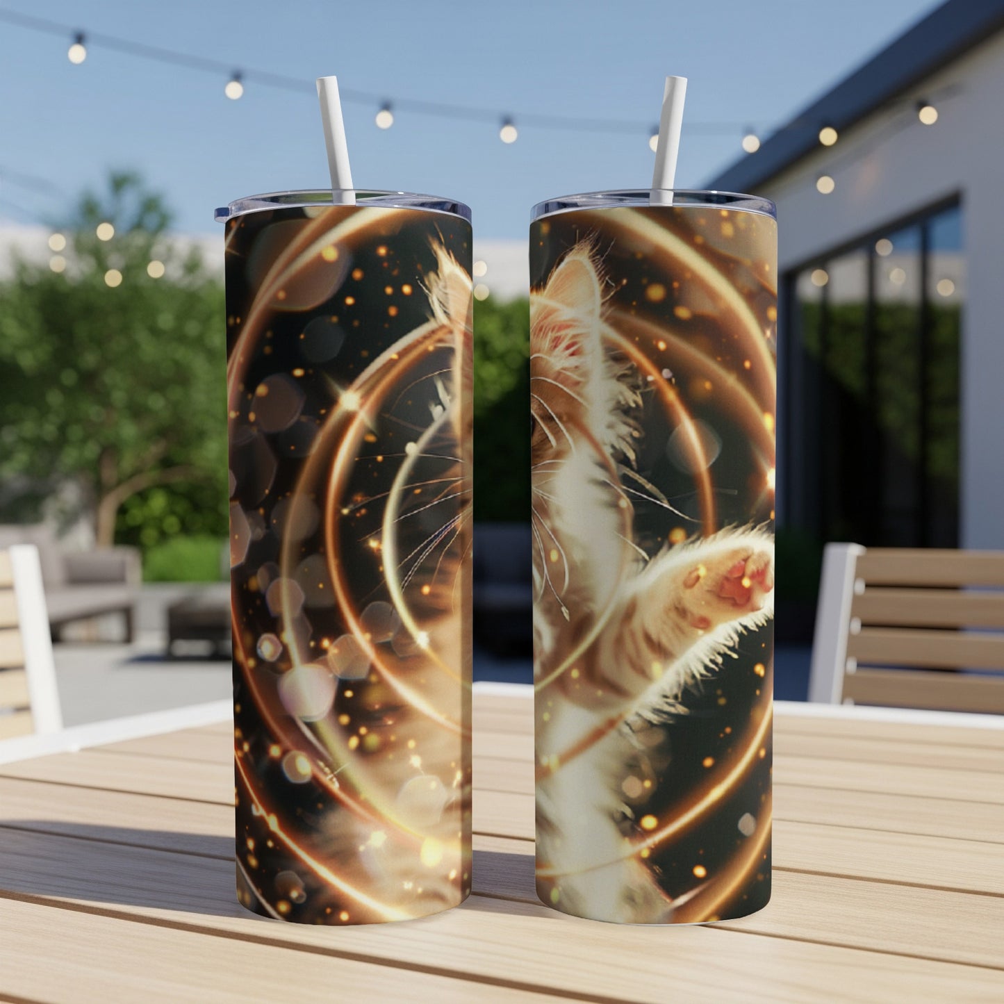 Two tall, slim tumblers with a ginger cat design and swirling golden light.