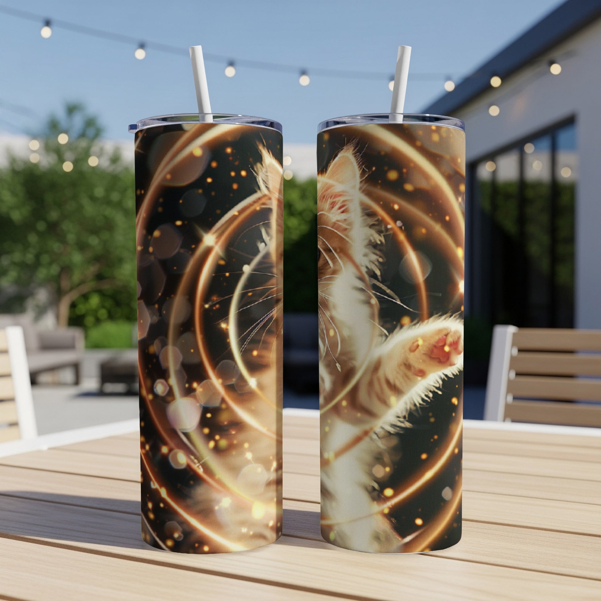 Two tall, slim tumblers with a ginger cat design and swirling golden light.