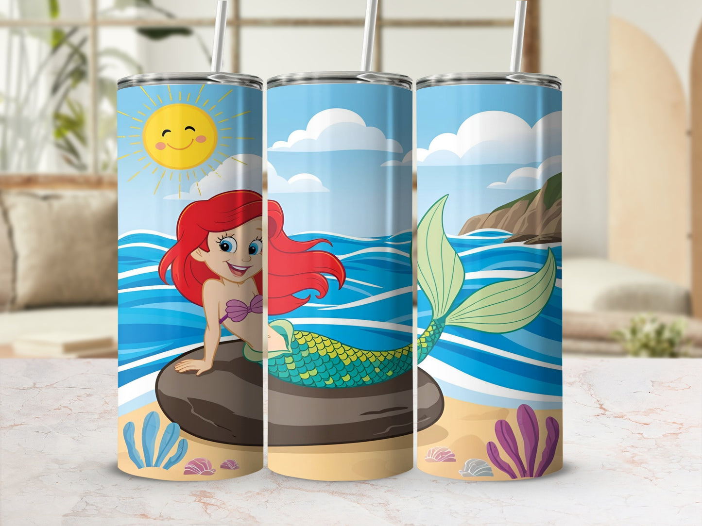 Triptych of a cartoon mermaid with red hair and green tail on a rock.
