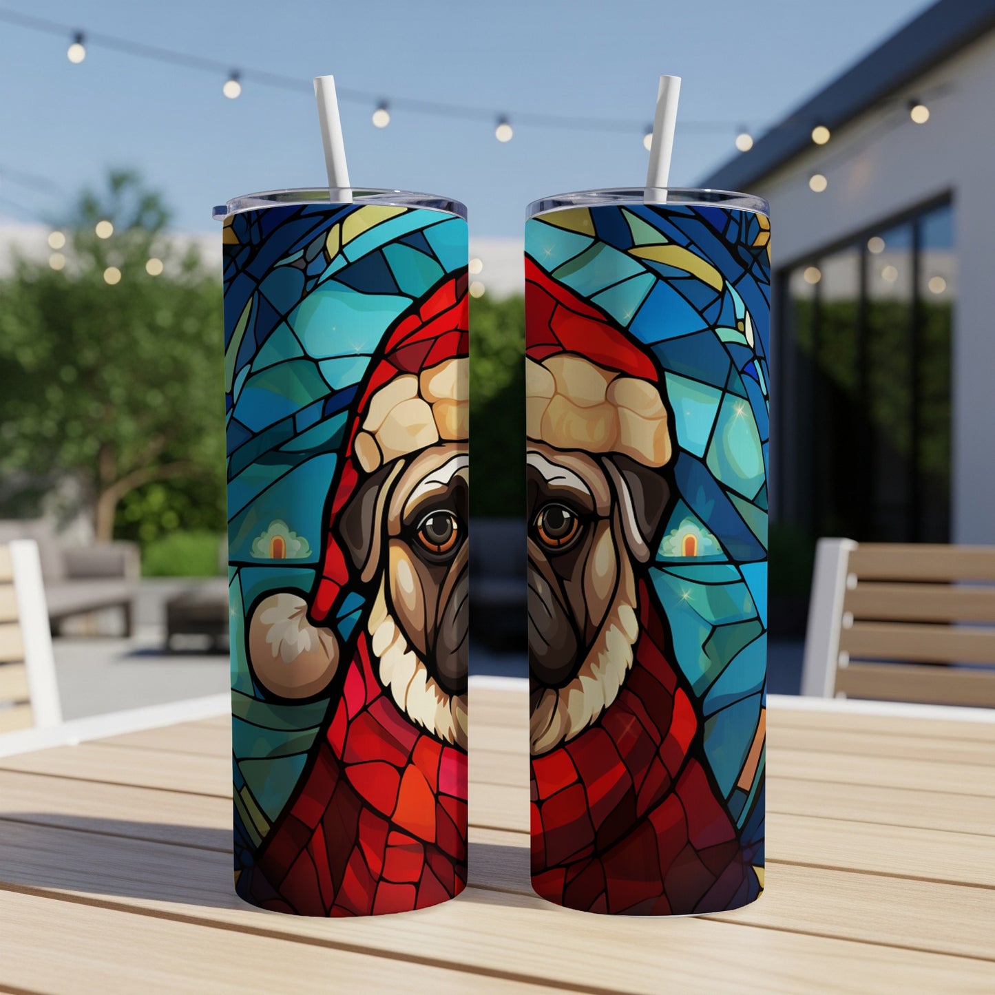 Two tumblers with a stained-glass pug wearing a Santa hat.