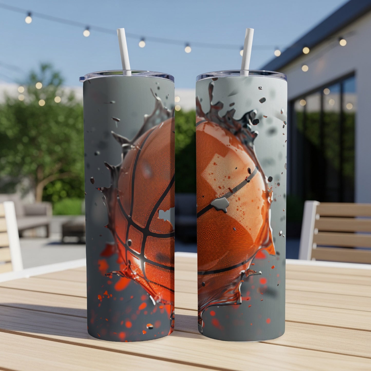 Two tumblers with a basketball splashing through water design.