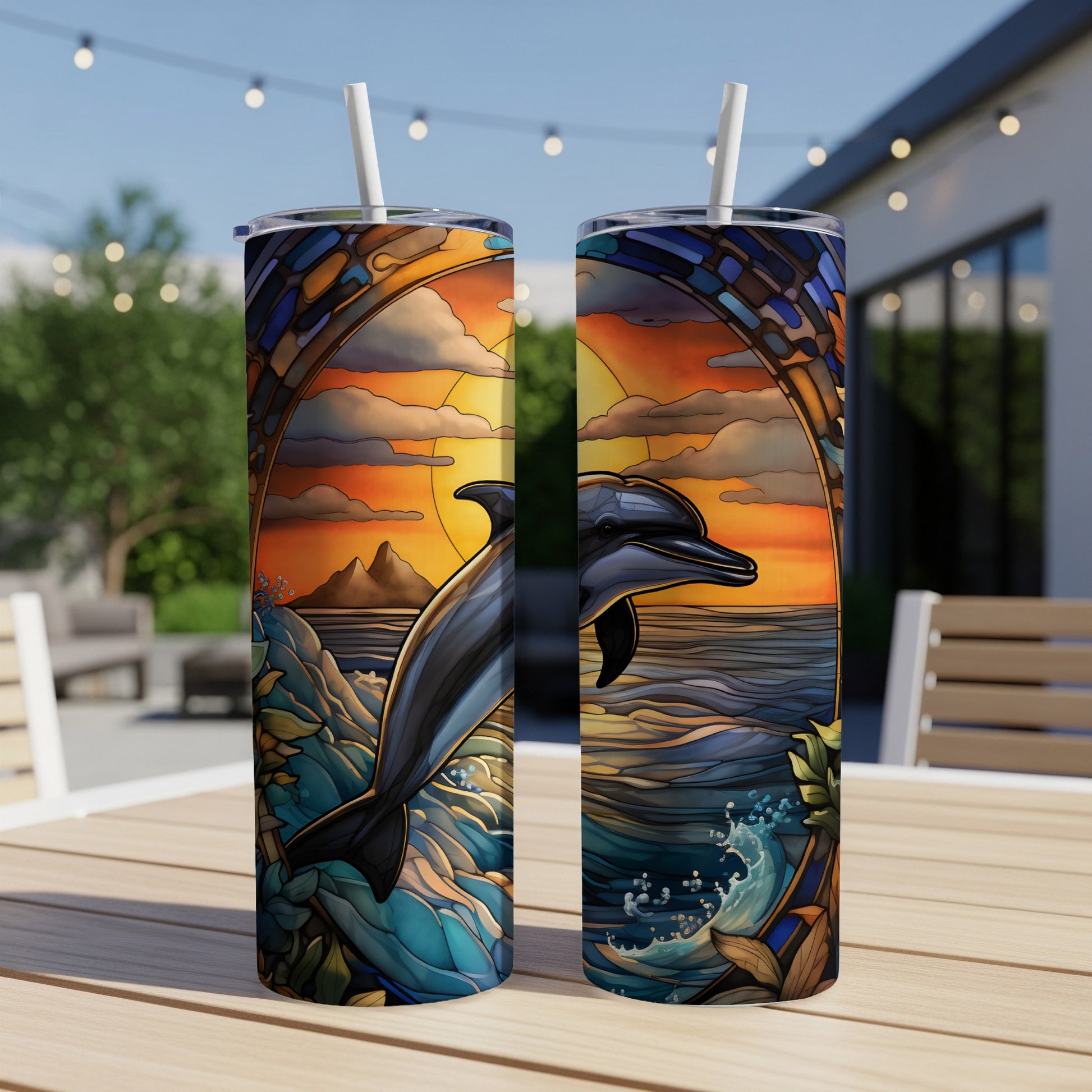 Two tumblers with dolphin, ocean, and sunset stained-glass art.