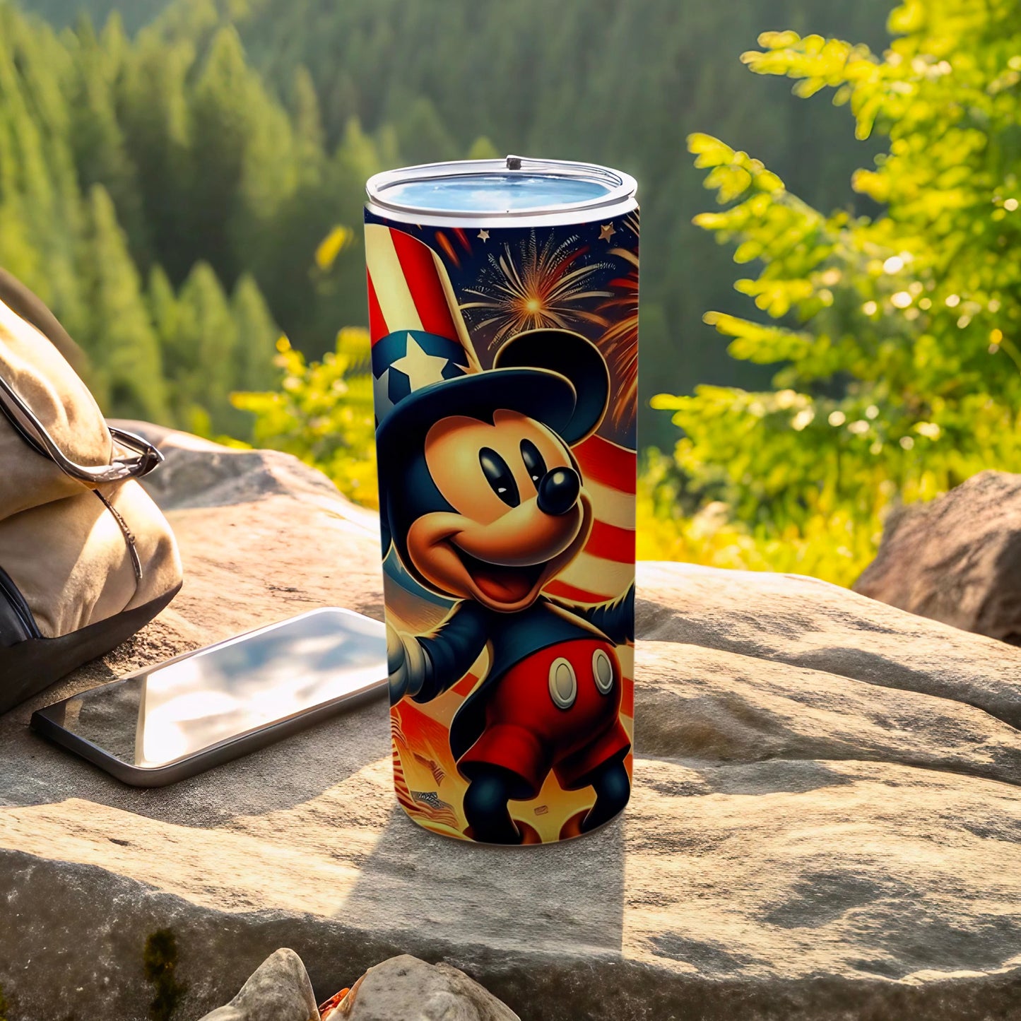 Patriotic Cartoon Character Travel Tumbler with Fireworks